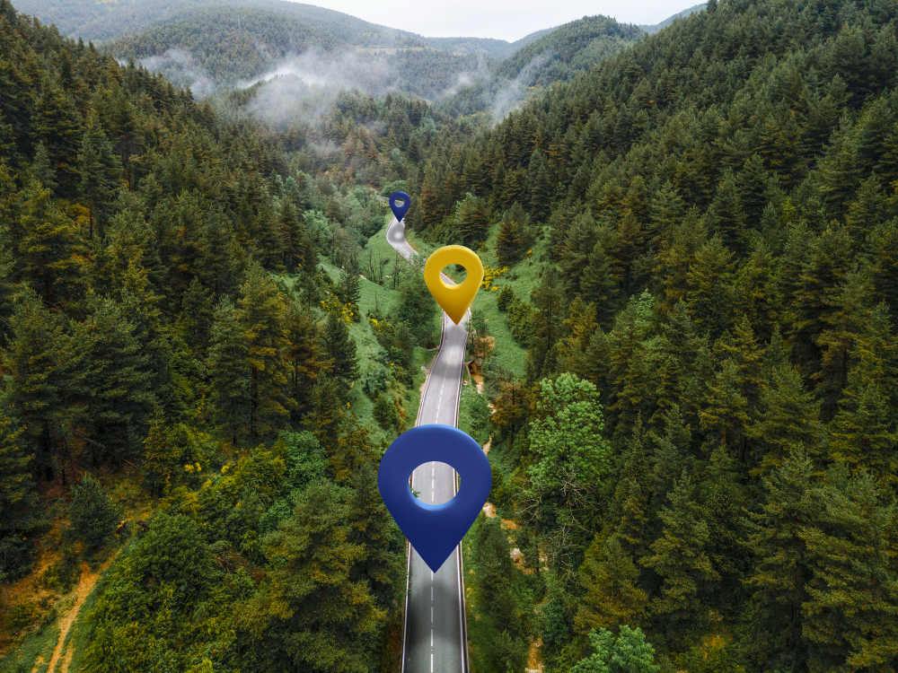 Location symbols road with mountains